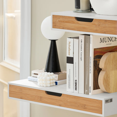SoBuy FRG92-WN Zwevende plank wit Hangende lade Wandplank bamboe Boekenplanken