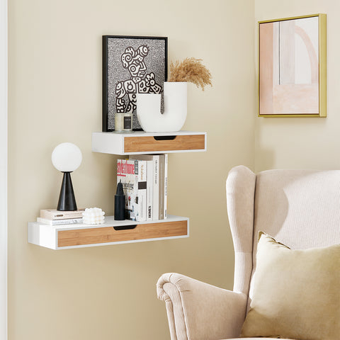 SoBuy FRG92-WN Zwevende plank wit Hangende lade Wandplank bamboe Boekenplanken