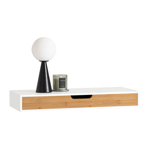 SoBuy FRG93-WN Zwevende plank wit Hangende lade Wandplank bamboe Boekenplanken