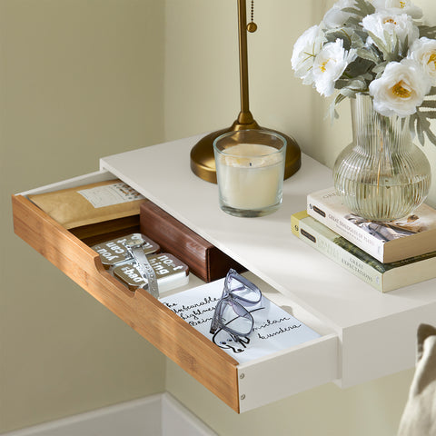 SoBuy FRG93-WN Zwevende plank wit Hangende lade Wandplank bamboe Boekenplanken