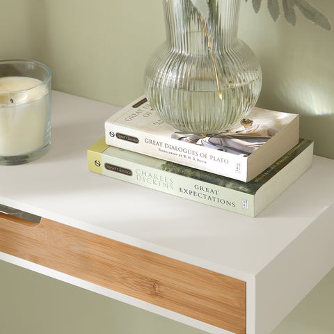 SoBuy FRG93-WN Zwevende plank wit Hangende lade Wandplank bamboe Boekenplanken