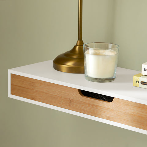 SoBuy FRG93-WN Zwevende plank wit Hangende lade Wandplank bamboe Boekenplanken