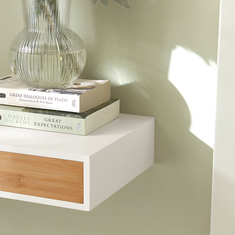 SoBuy FRG93-WN Zwevende plank wit Hangende lade Wandplank bamboe Boekenplanken