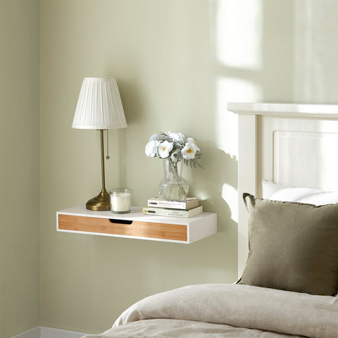 SoBuy FRG93-WN Zwevende plank wit Hangende lade Wandplank bamboe Boekenplanken
