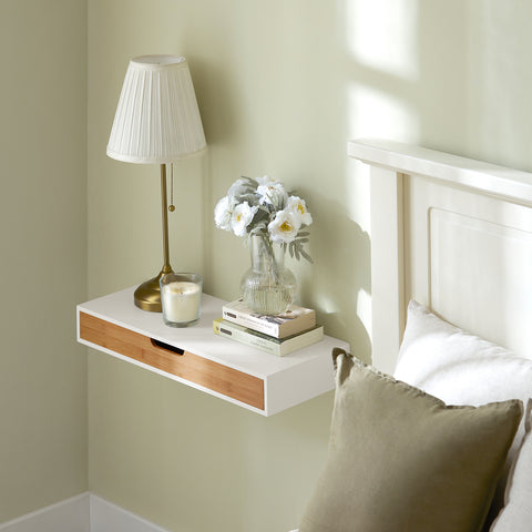 SoBuy FRG93-WN Zwevende plank wit Hangende lade Wandplank bamboe Boekenplanken