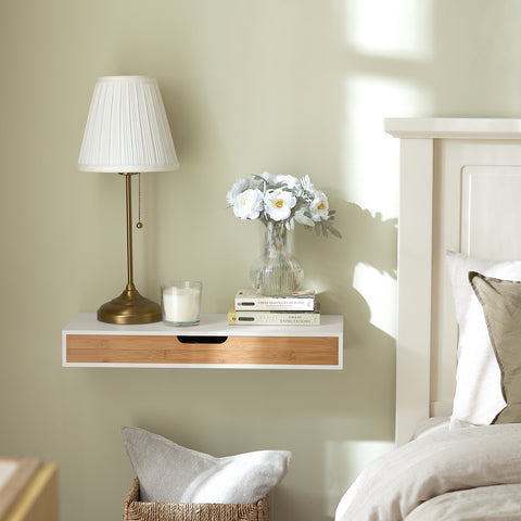 SoBuy FRG93-WN Zwevende plank wit Hangende lade Wandplank bamboe Boekenplanken