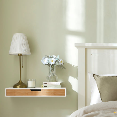 SoBuy FRG93-WN Zwevende plank wit Hangende lade Wandplank bamboe Boekenplanken