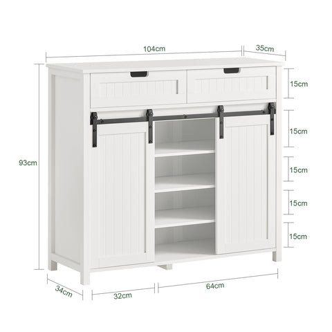SoBuy FSB74-W Schoenenkast Schoenencommode Inkomkast Keukenkast Dressoir Schoenenrek met 2 Lades, 2 Schuifdeuren en 7 Planken, Opbergkast