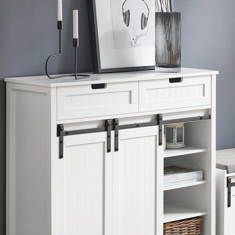 SoBuy FSB74-W Schoenenkast Schoenencommode Inkomkast Keukenkast Dressoir Schoenenrek met 2 Lades, 2 Schuifdeuren en 7 Planken, Opbergkast
