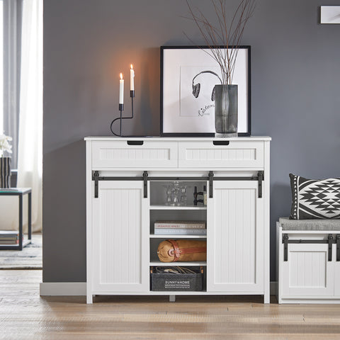 SoBuy FSB74-W Schoenenkast Schoenencommode Inkomkast Keukenkast Dressoir Schoenenrek met 2 Lades, 2 Schuifdeuren en 7 Planken, Opbergkast