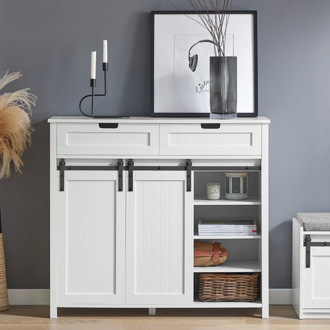 SoBuy FSB74-W Schoenenkast Schoenencommode Inkomkast Keukenkast Dressoir Schoenenrek met 2 Lades, 2 Schuifdeuren en 7 Planken, Opbergkast