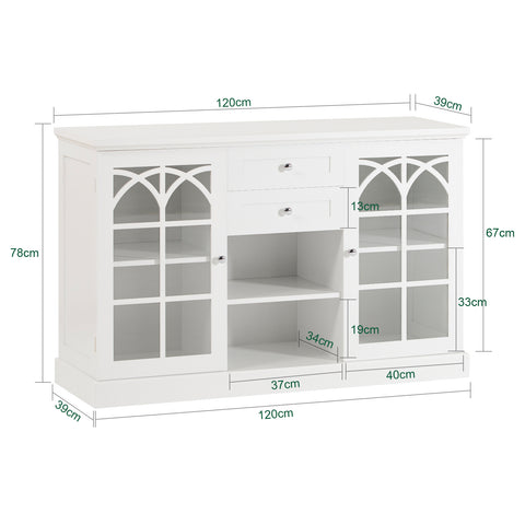 SoBuy FSB79-W Dressoir Ladekast Keukenkast met 2 Glazen Deuren, 2 Lades en 2 Planken, Opbergkast