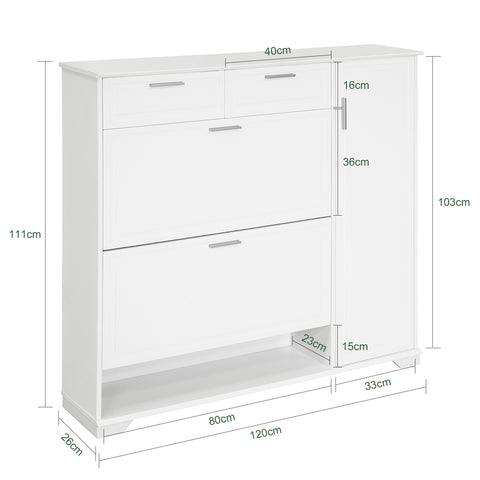 SoBuy FSR104-W Schoenenkast hout, Schoenenrek, Schoenen Opbergkast, Schoenencommode, met 2 Kleppen, 2 Lades, 1 Deur en 1 Open Compartiment
