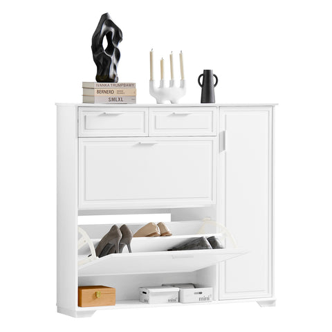 SoBuy FSR104-W Schoenenkast hout, Schoenenrek, Schoenen Opbergkast, Schoenencommode, met 2 Kleppen, 2 Lades, 1 Deur en 1 Open Compartiment