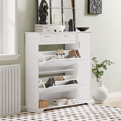 SoBuy FSR104-W Schoenenkast hout, Schoenenrek, Schoenen Opbergkast, Schoenencommode, met 2 Kleppen, 2 Lades, 1 Deur en 1 Open Compartiment