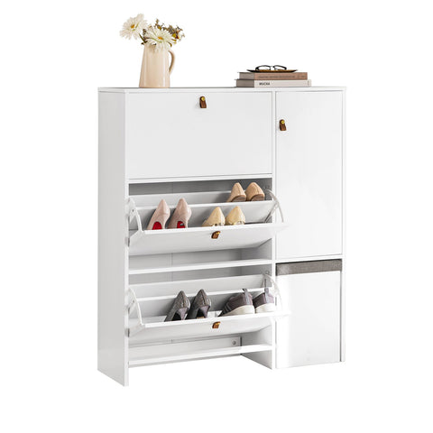 SoBuy FSR107-W Schoenenopbergkast Schoenenkast 3-bladige schoenenkist Hal Opbergkist voor schoenen met schoenenkruk