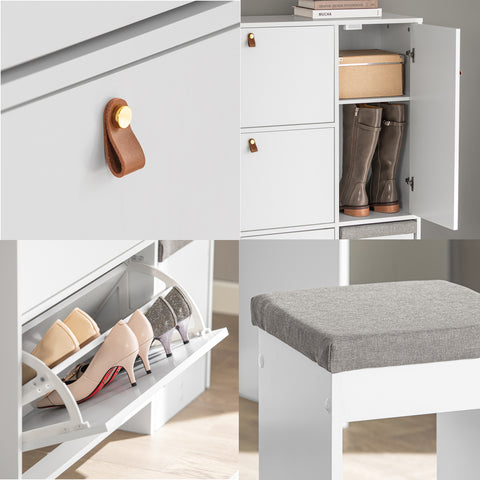 SoBuy FSR107-W Schoenenopbergkast Schoenenkast 3-bladige schoenenkist Hal Opbergkist voor schoenen met schoenenkruk