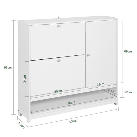 SoBuy FSR114-W Schoenenkast, Schoenenrek, Opbergkast, met 2 Kleppen, 1 Deur en 1 Open Compartiment, perfect voor smalle gangen, woonkamer, slaapkamer