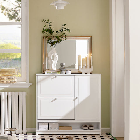 SoBuy FSR114-W Schoenenkast, Schoenenrek, Opbergkast, met 2 Kleppen, 1 Deur en 1 Open Compartiment, perfect voor smalle gangen, woonkamer, slaapkamer
