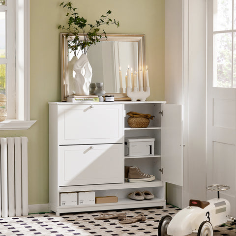 SoBuy FSR114-W Schoenenkast, Schoenenrek, Opbergkast, met 2 Kleppen, 1 Deur en 1 Open Compartiment, perfect voor smalle gangen, woonkamer, slaapkamer