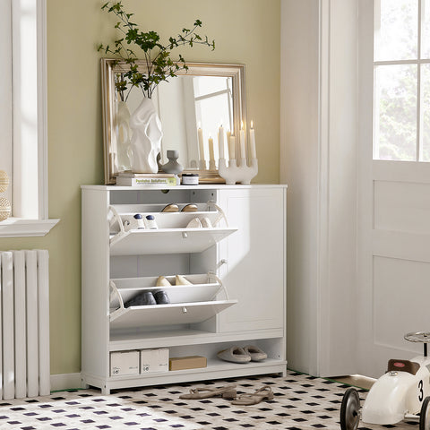 SoBuy FSR114-W Schoenenkast, Schoenenrek, Opbergkast, met 2 Kleppen, 1 Deur en 1 Open Compartiment, perfect voor smalle gangen, woonkamer, slaapkamer