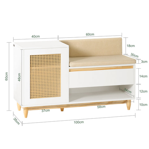 SoBuy FSR128-W Schoenenbank met Opbergruimte, Schoenenkast met Deuren, Planken, Kussen en Lade, Schoenencommode