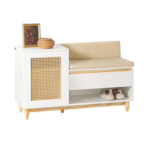 SoBuy FSR128-W Schoenenbank met Opbergruimte, Schoenenkast met Deuren, Planken, Kussen en Lade, Schoenencommode