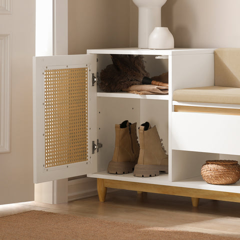 SoBuy FSR128-W Schoenenbank met Opbergruimte, Schoenenkast met Deuren, Planken, Kussen en Lade, Schoenencommode