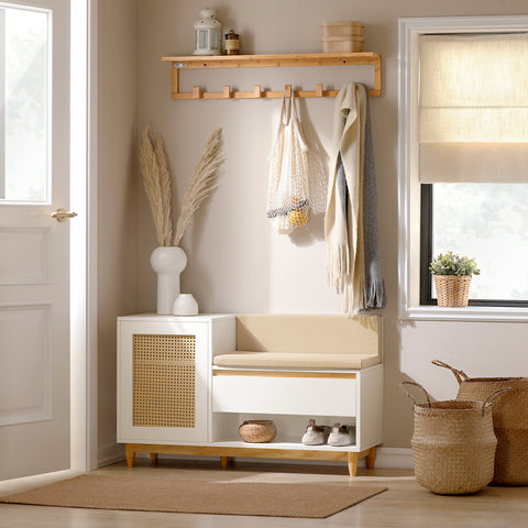 SoBuy FSR128-W Schoenenbank met Opbergruimte, Schoenenkast met Deuren, Planken, Kussen en Lade, Schoenencommode