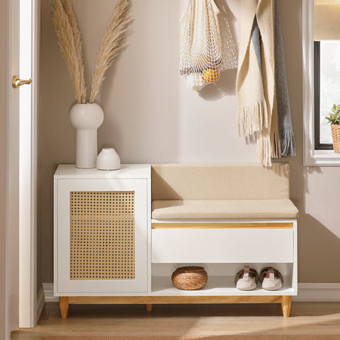 SoBuy FSR128-W Schoenenbank met Opbergruimte, Schoenenkast met Deuren, Planken, Kussen en Lade, Schoenencommode