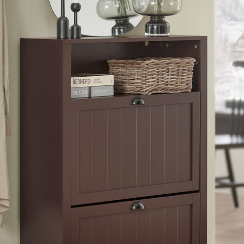SoBuy FSR87-BR Schoenenkast smal met 2 kleppen schoenenrek met 4 legplanken schoenencommode met extra vak schoenenrek bruin