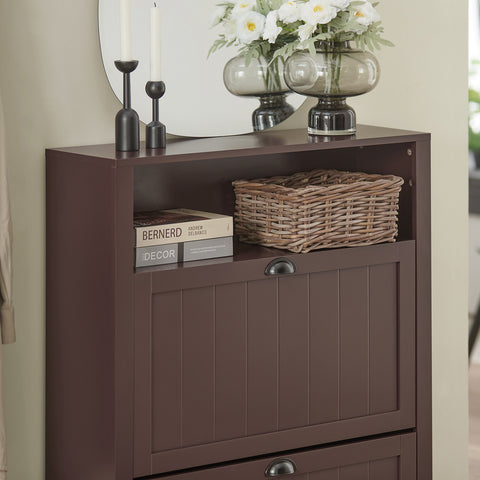 SoBuy FSR87-BR Schoenenkast smal met 2 kleppen schoenenrek met 4 legplanken schoenencommode met extra vak schoenenrek bruin