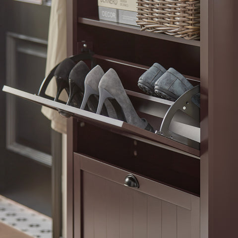 SoBuy FSR87-BR Schoenenkast smal met 2 kleppen schoenenrek met 4 legplanken schoenencommode met extra vak schoenenrek bruin