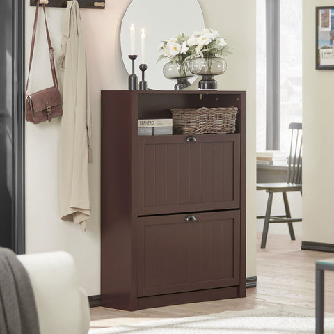 SoBuy FSR87-BR Schoenenkast smal met 2 kleppen schoenenrek met 4 legplanken schoenencommode met extra vak schoenenrek bruin