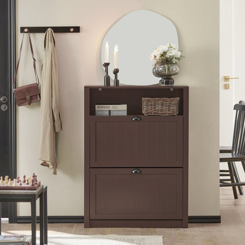 SoBuy FSR87-BR Schoenenkast smal met 2 kleppen schoenenrek met 4 legplanken schoenencommode met extra vak schoenenrek bruin