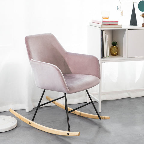 SoBuy FST68-P Schommelstoel met Armleuningen Relaxstoel Fauteuil Gemaakt van Fluweel en Beuken - Roze