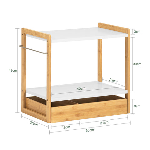 SoBuy KCR07-WN Keukenplank voor magnetron -Opbergrek - Magnetronrek - keuken organizer met 2 Planken, 1 Lade en 1 Vaatdoekhouder