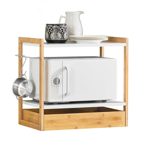 SoBuy KCR07-WN Keukenplank voor magnetron -Opbergrek - Magnetronrek - keuken organizer met 2 Planken, 1 Lade en 1 Vaatdoekhouder