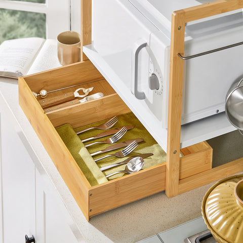 SoBuy KCR07-WN Keukenplank voor magnetron -Opbergrek - Magnetronrek - keuken organizer met 2 Planken, 1 Lade en 1 Vaatdoekhouder