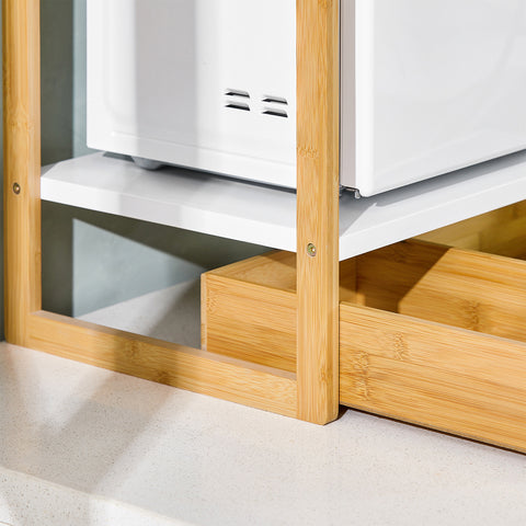 SoBuy KCR07-WN Keukenplank voor magnetron -Opbergrek - Magnetronrek - keuken organizer met 2 Planken, 1 Lade en 1 Vaatdoekhouder