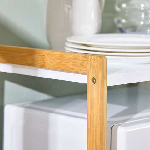 SoBuy KCR07-WN Keukenplank voor magnetron -Opbergrek - Magnetronrek - keuken organizer met 2 Planken, 1 Lade en 1 Vaatdoekhouder