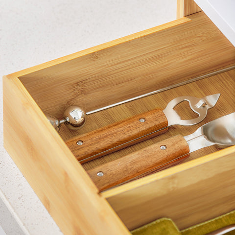 SoBuy KCR07-WN Keukenplank voor magnetron -Opbergrek - Magnetronrek - keuken organizer met 2 Planken, 1 Lade en 1 Vaatdoekhouder