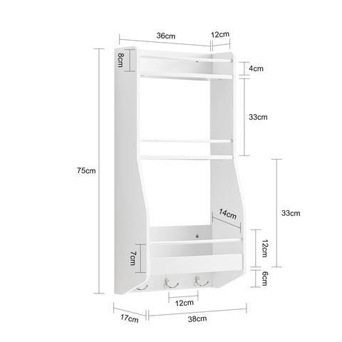 SoBuy KCR12-W Hangplank Plank Wandopslag Kruidenrek Keuken Opslag Badkamer Plank met Drie Haken 38x17x75 cm