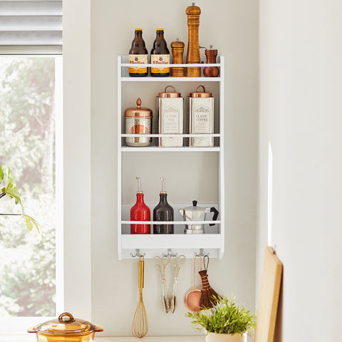 SoBuy KCR12-W Hangplank Plank Wandopslag Kruidenrek Keuken Opslag Badkamer Plank met Drie Haken 38x17x75 cm