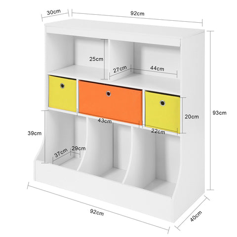 SoBuy KMB26-W Kinderboekenkast Kinderplank met 5 Opbergvakken en 3 Stoffen Dozen Speelgoedplank Ppbergplank voor Kinderen Speelgoed Organizer Wit