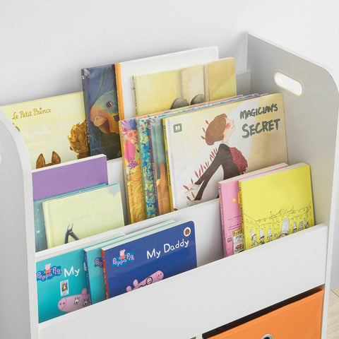 SoBuy KMB27-W Kinderboekenkast Boekenrek met 3 Opbergvakken en 2 Stoffen Dozen Speelgoedplank