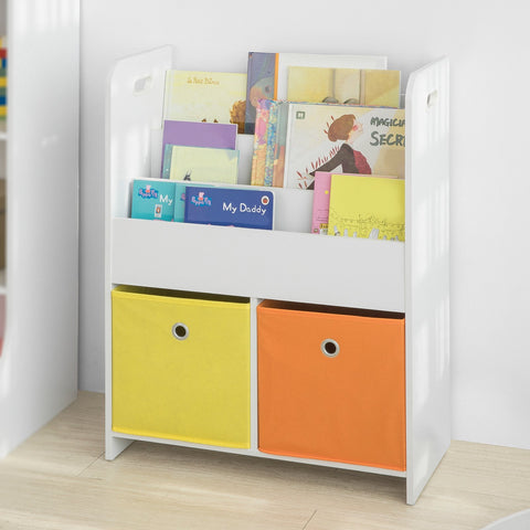 SoBuy KMB27-W Kinderboekenkast Boekenrek met 3 Opbergvakken en 2 Stoffen Dozen Speelgoedplank
