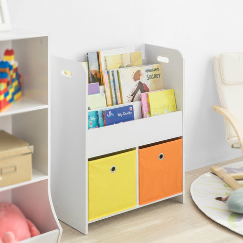 SoBuy KMB27-W Kinderboekenkast Boekenrek met 3 Opbergvakken en 2 Stoffen Dozen Speelgoedplank