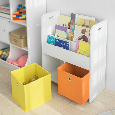 SoBuy KMB27-W Kinderboekenkast Boekenrek met 3 Opbergvakken en 2 Stoffen Dozen Speelgoedplank