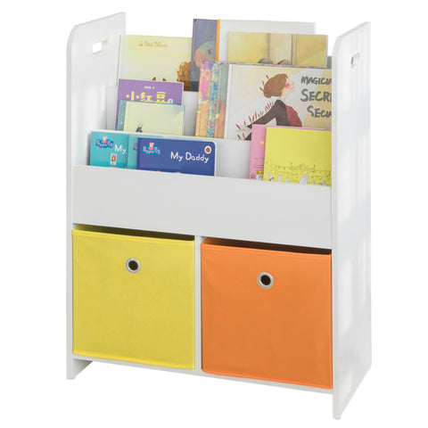 SoBuy KMB27-W Kinderboekenkast Boekenrek met 3 Opbergvakken en 2 Stoffen Dozen Speelgoedplank